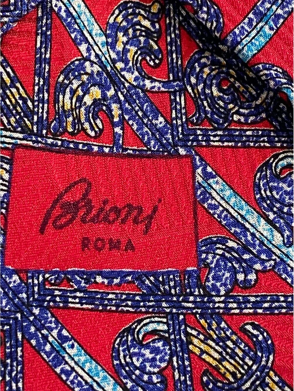 Brioni Mens Red Blue Fence Pattern Silk Tie Necktie Made in Italy Gold Chain